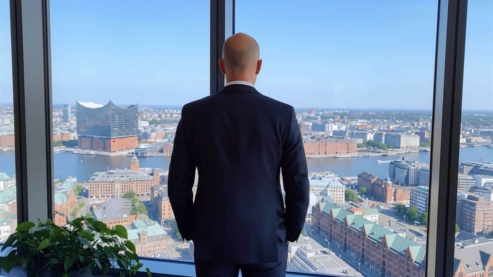 Detektiv Paul Malberg steht in einem Hochhaus am Fenster und schaut über Hamburg