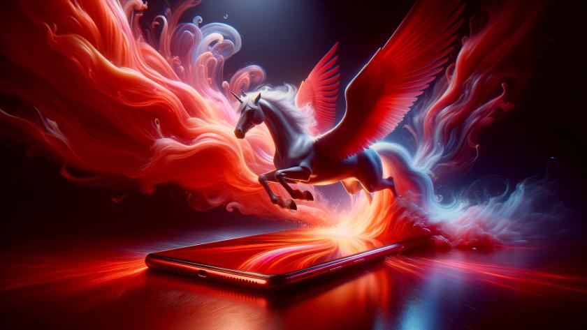 Ein Pegasus über einem feuerrotem Handy fliegend