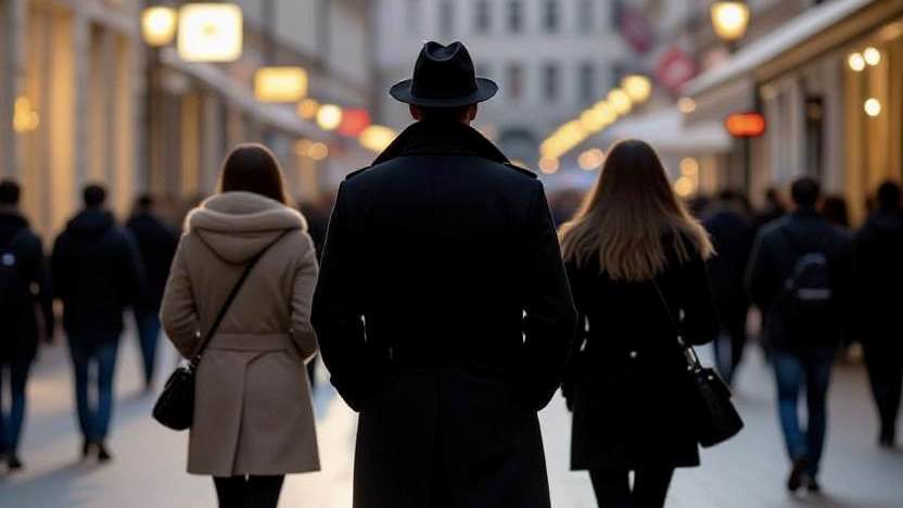 Ein Detektiv verfolgt zwei Frauen in einer belebten Innenstadt