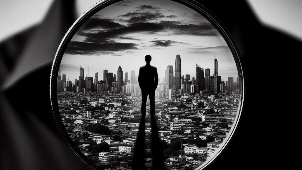 Eine Lupe, durch die eine Stadt und eine Person zu sehen ist. 