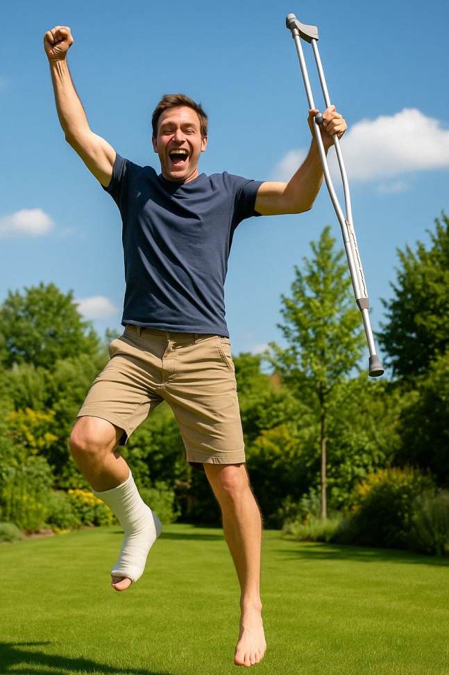 EIn Mann mit Gips und Krüken springt vor Freude in die Luft bei schönem Wetter