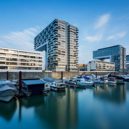 Rheinauhafen in Köln mit Blick auf ein Kranhaus